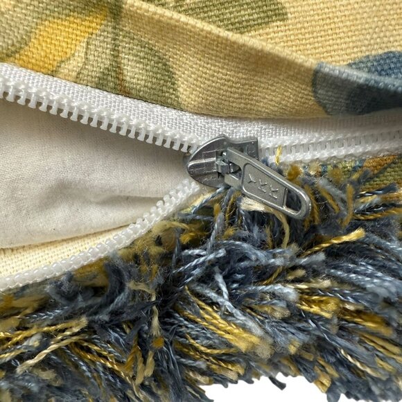 Floral Accent Pillow Yellow Blue Fringe Zippered Cover w/ Insert 19" - Picture 7 of 8